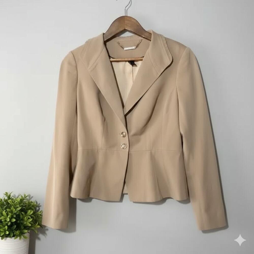 White House Black Market Two Button Blazer Ruffle Lapel Peplum Hem Beige 4